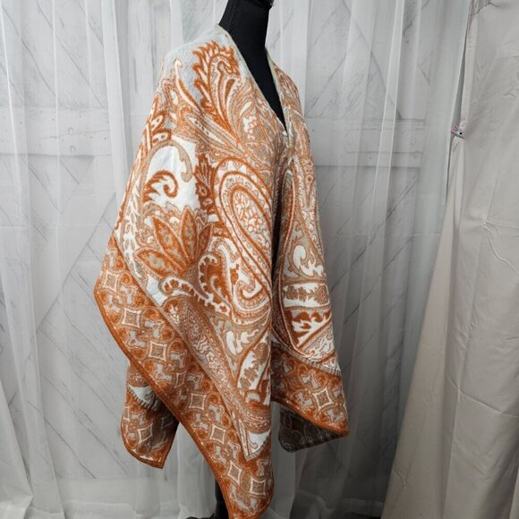 Unbranded Taupe Orange Reversible Paisley Boho Blanket Cape OSFA - Picture 9 of 14